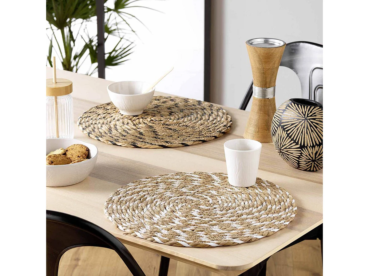 Set de Table Rond en Paille "Nala" 38cm Naturel & Noir