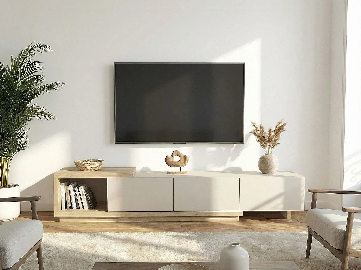 Móvel para TV com 3 gavetas e 1 nicho - Bege e Natural claro - DUKIAN