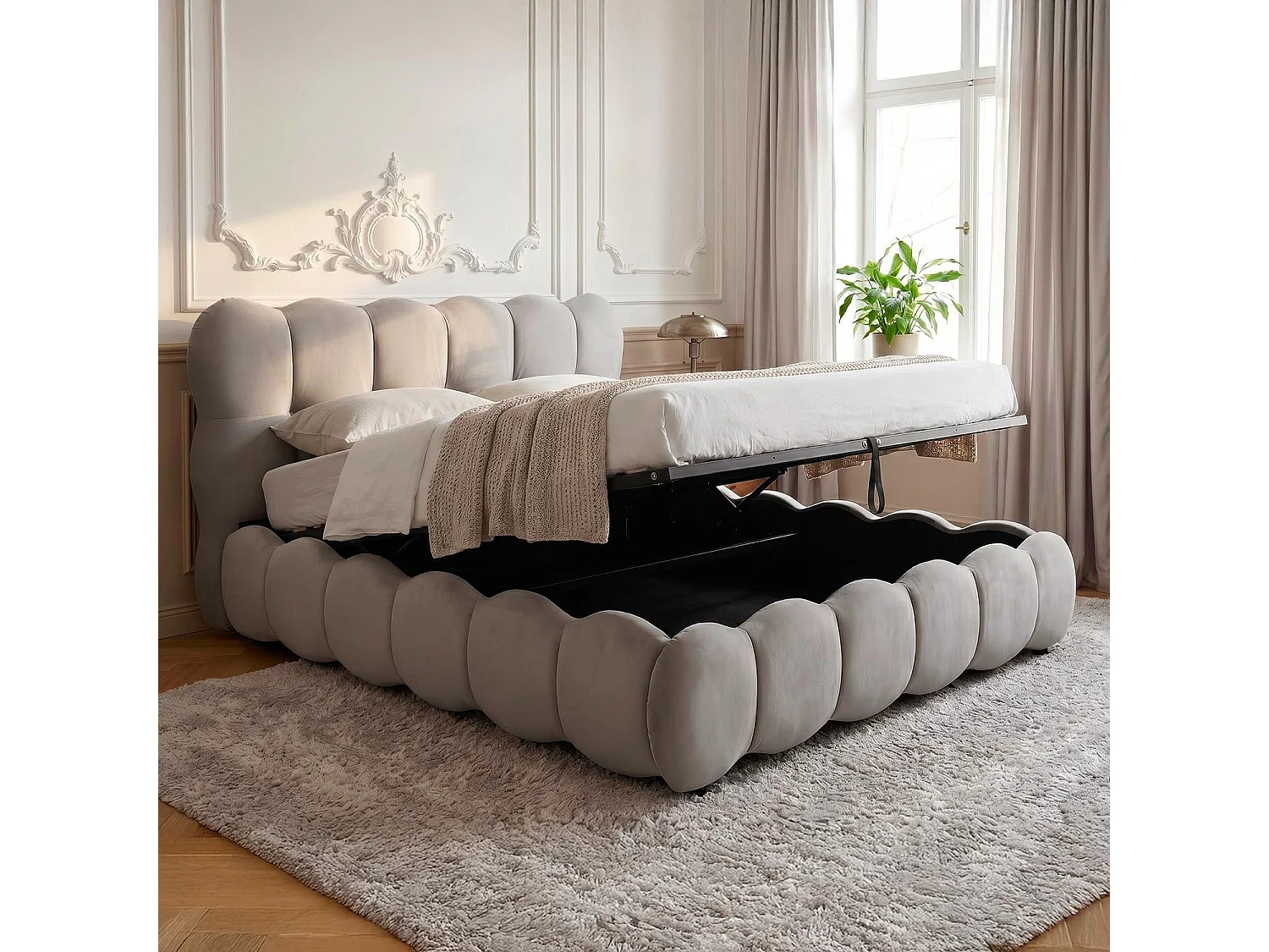 Lit-coffre design boule Bilbola avec sommier relevable 160x200cm Velours Gris