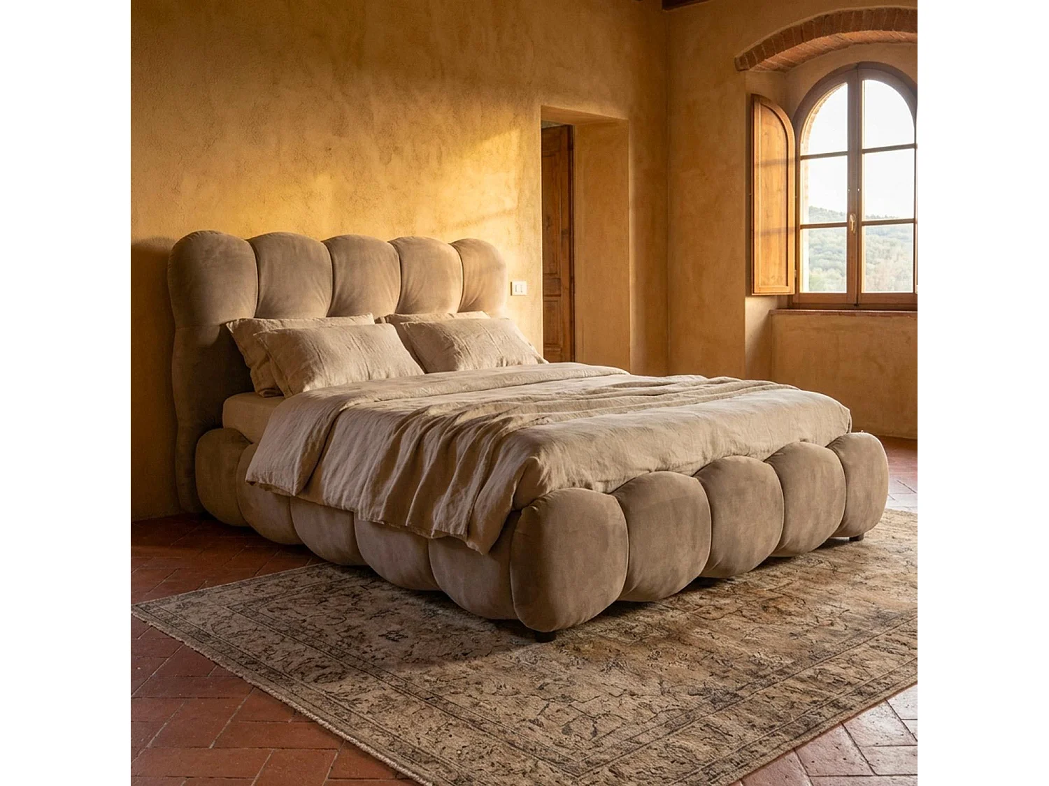 Lit-coffre design boule Bilbola avec sommier relevable 140x200cm Velours Taupe