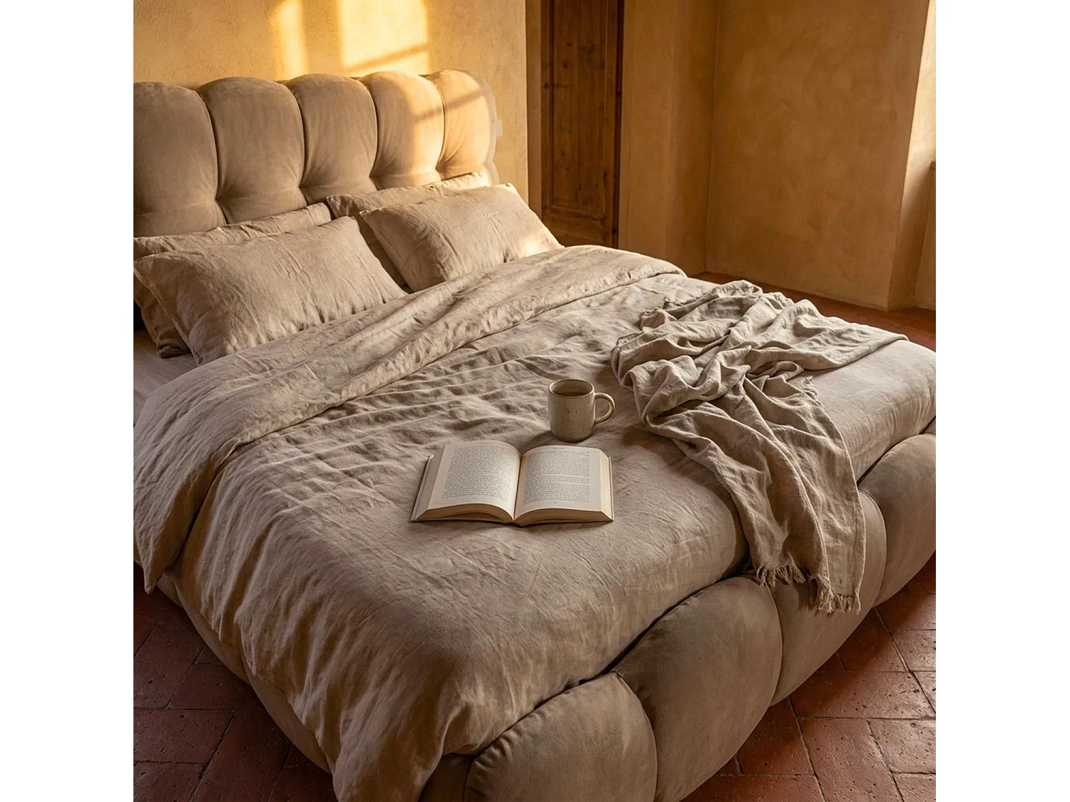 Lit-coffre design boule Bilbola avec sommier relevable 140x200cm Velours Taupe