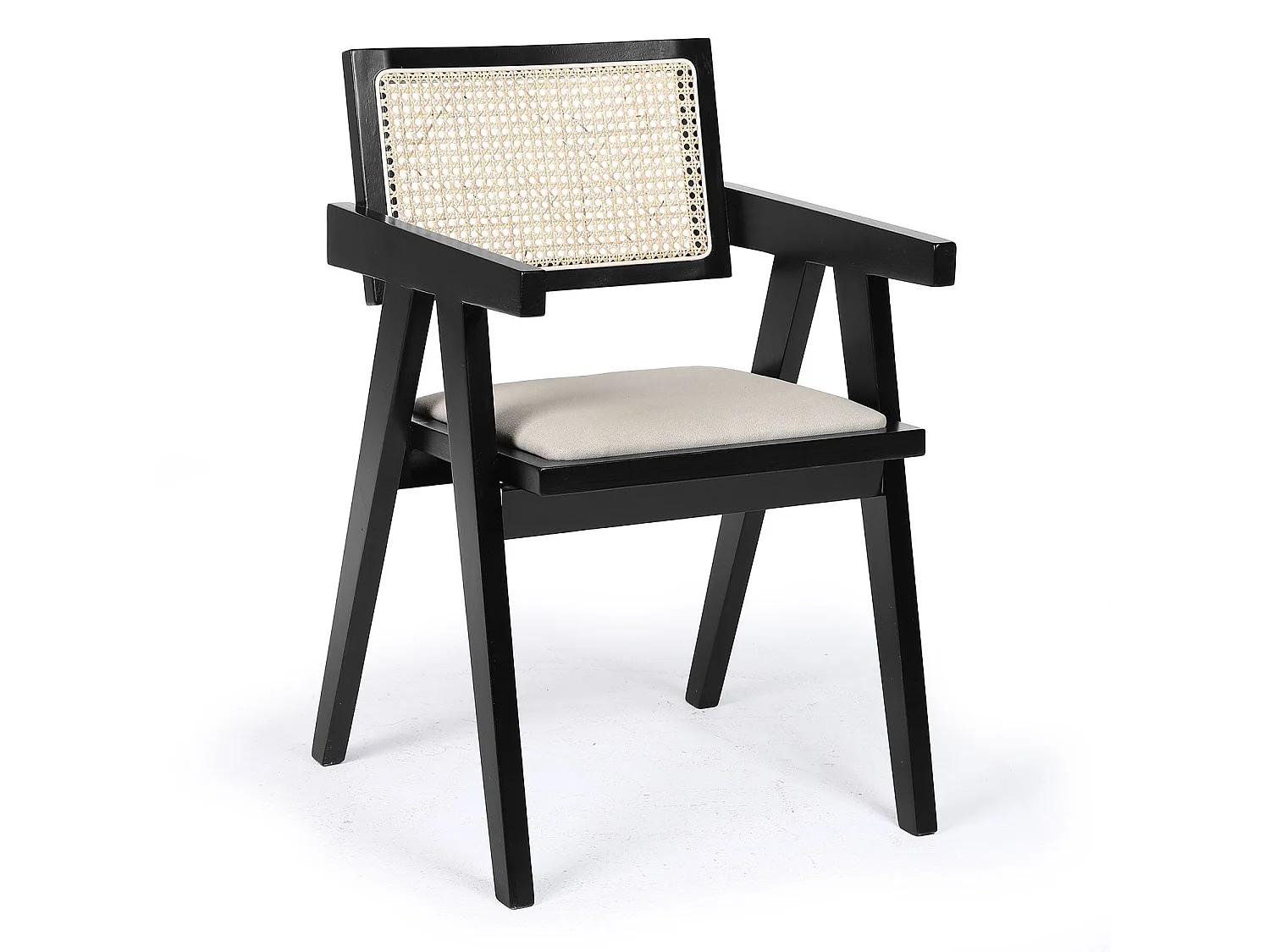 Chaise design avec accoudoirs et cannage rotin Hiro Bois foncé et Tissu Beige