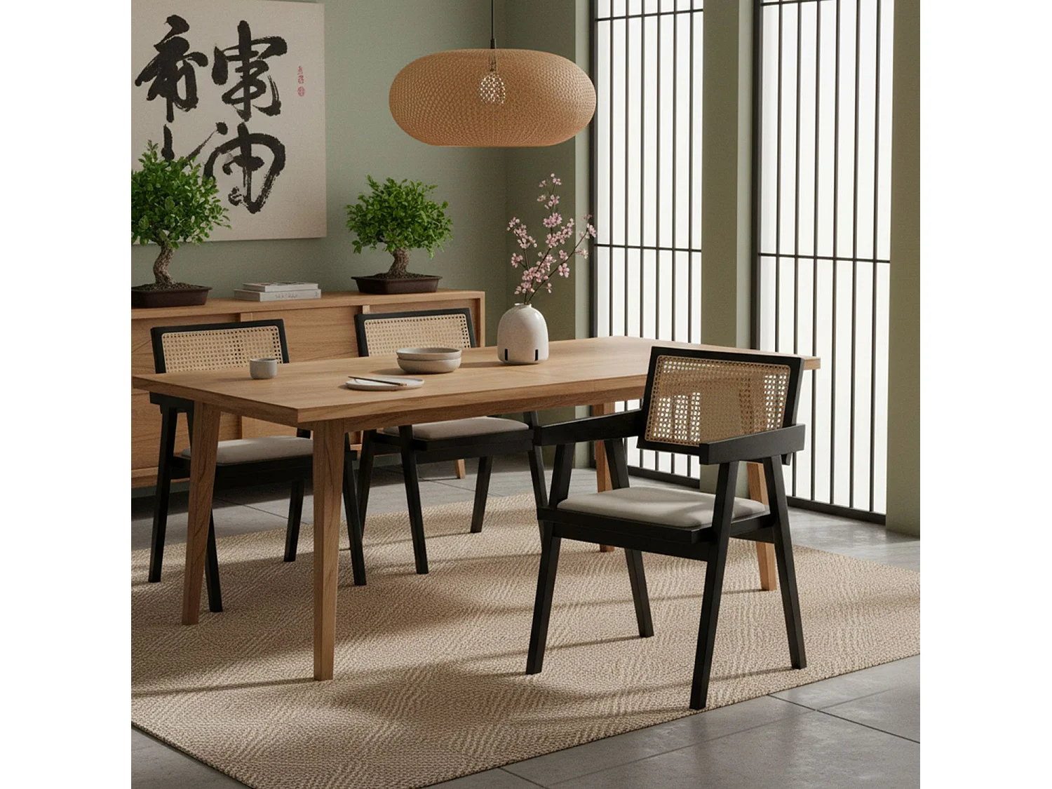Chaise design avec accoudoirs et cannage rotin Hiro Bois foncé et Tissu Beige