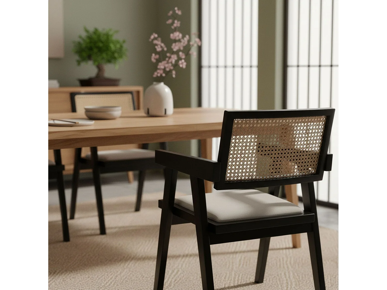 Chaise design avec accoudoirs et cannage rotin Hiro Bois foncé et Tissu Beige