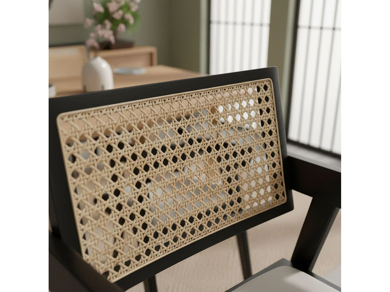 Chaise design avec accoudoirs et cannage rotin Hiro Bois foncé et Tissu Beige