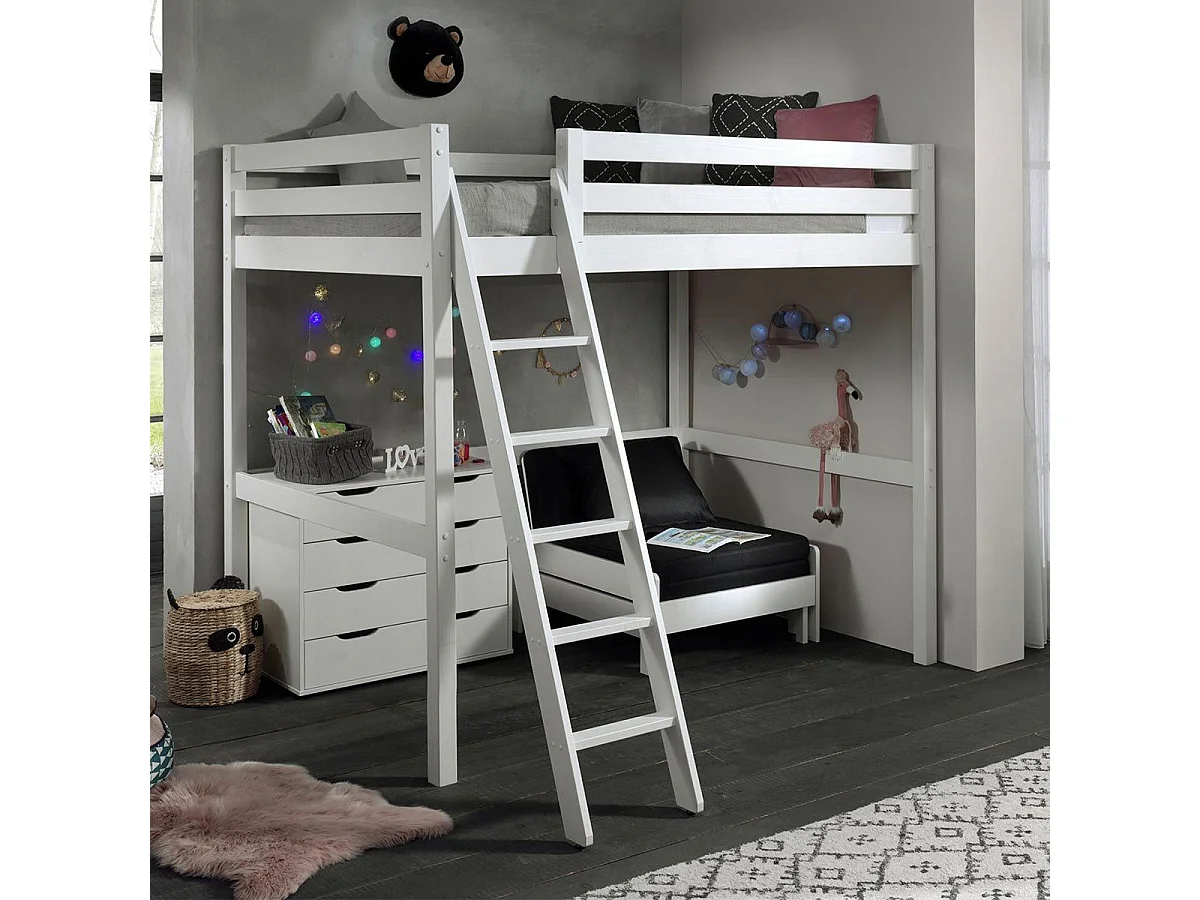 Pack - Lit Mezzanine Enfant, Commode & Fauteuil-Lit "Pino II" Blanc