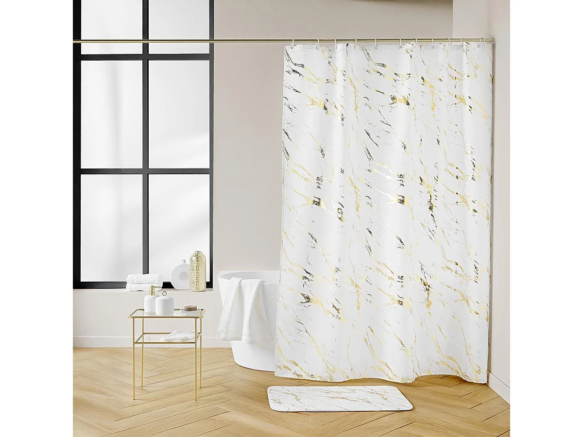 Rideau de Douche Imprimé "Aquamarbre" 180x200cm Blanc & Or