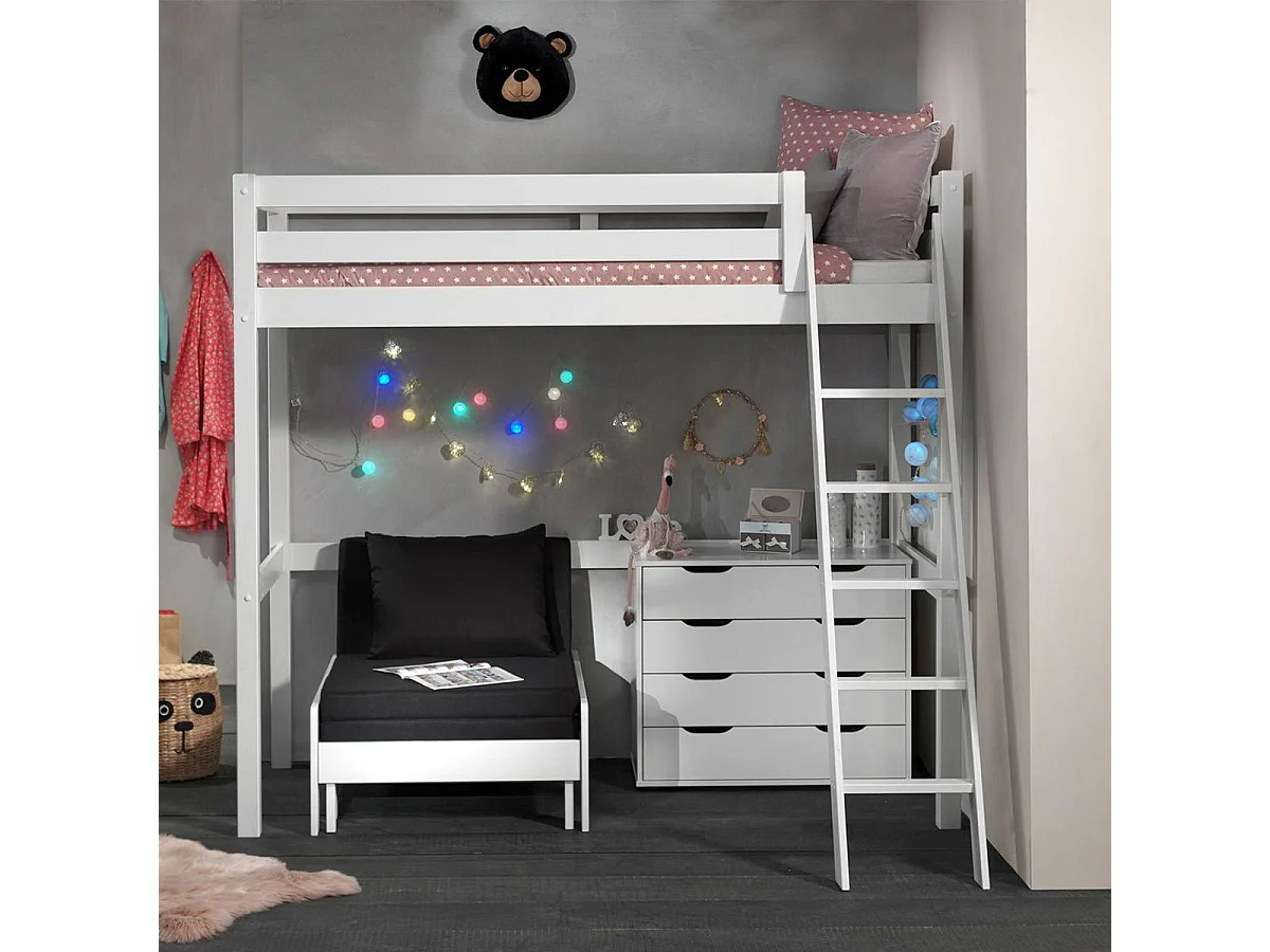 Pack - Lit Mezzanine, Commode & Fauteuil-Lit "Pino II" Blanc