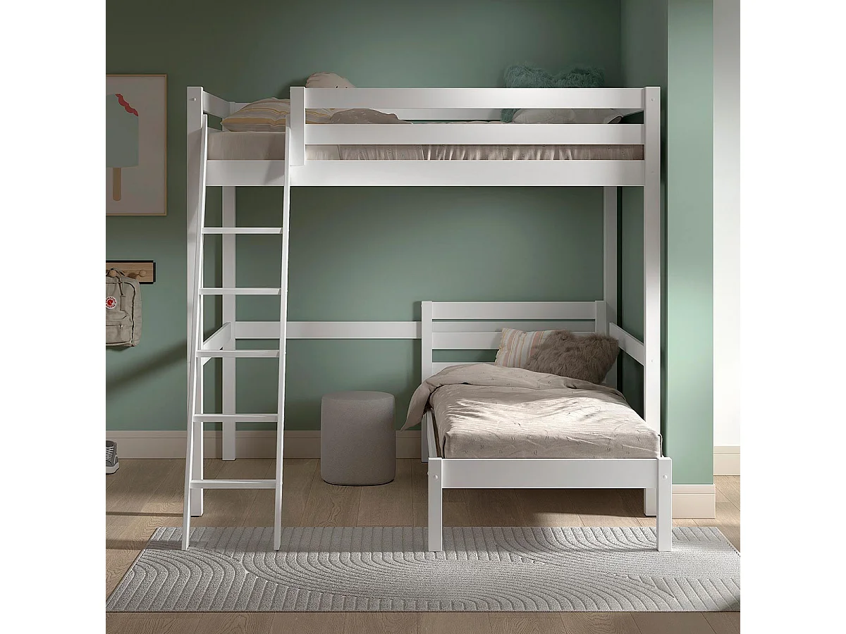 Pack - Lit Mezzanine, Lit Simple & Sommier "Pino" 140x200cm Blanc