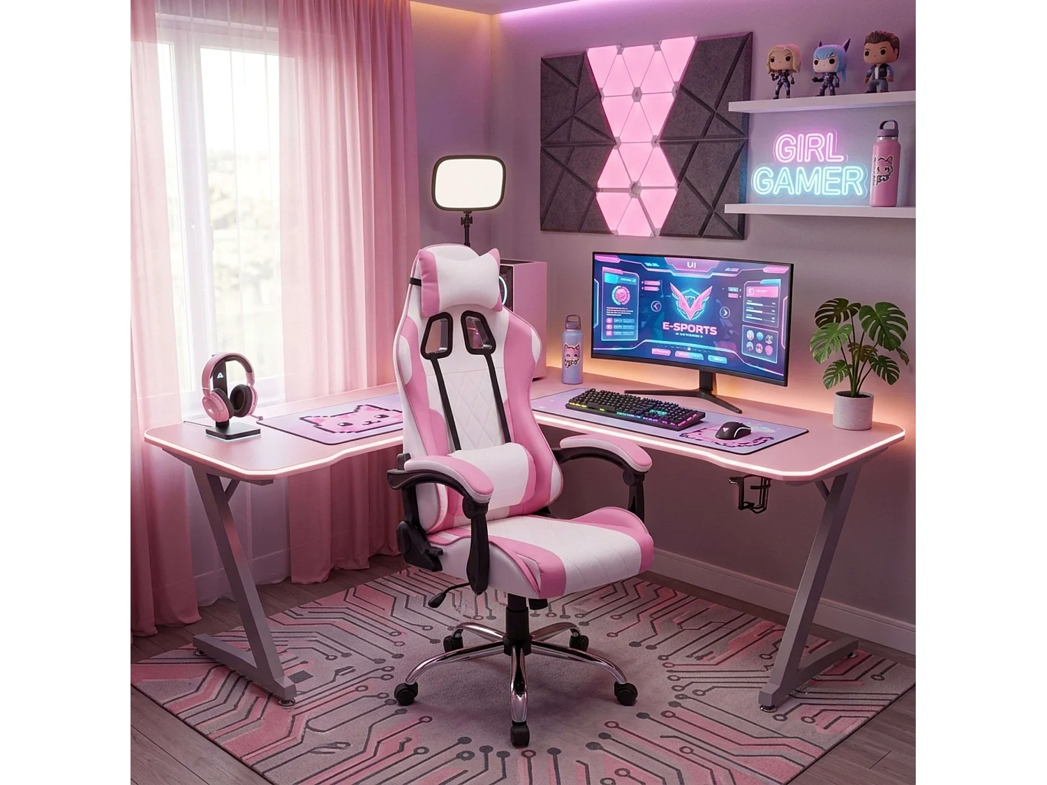 Cadeira Gamer Legend Rosa e Branca com Almofada Lombar Reclinável
