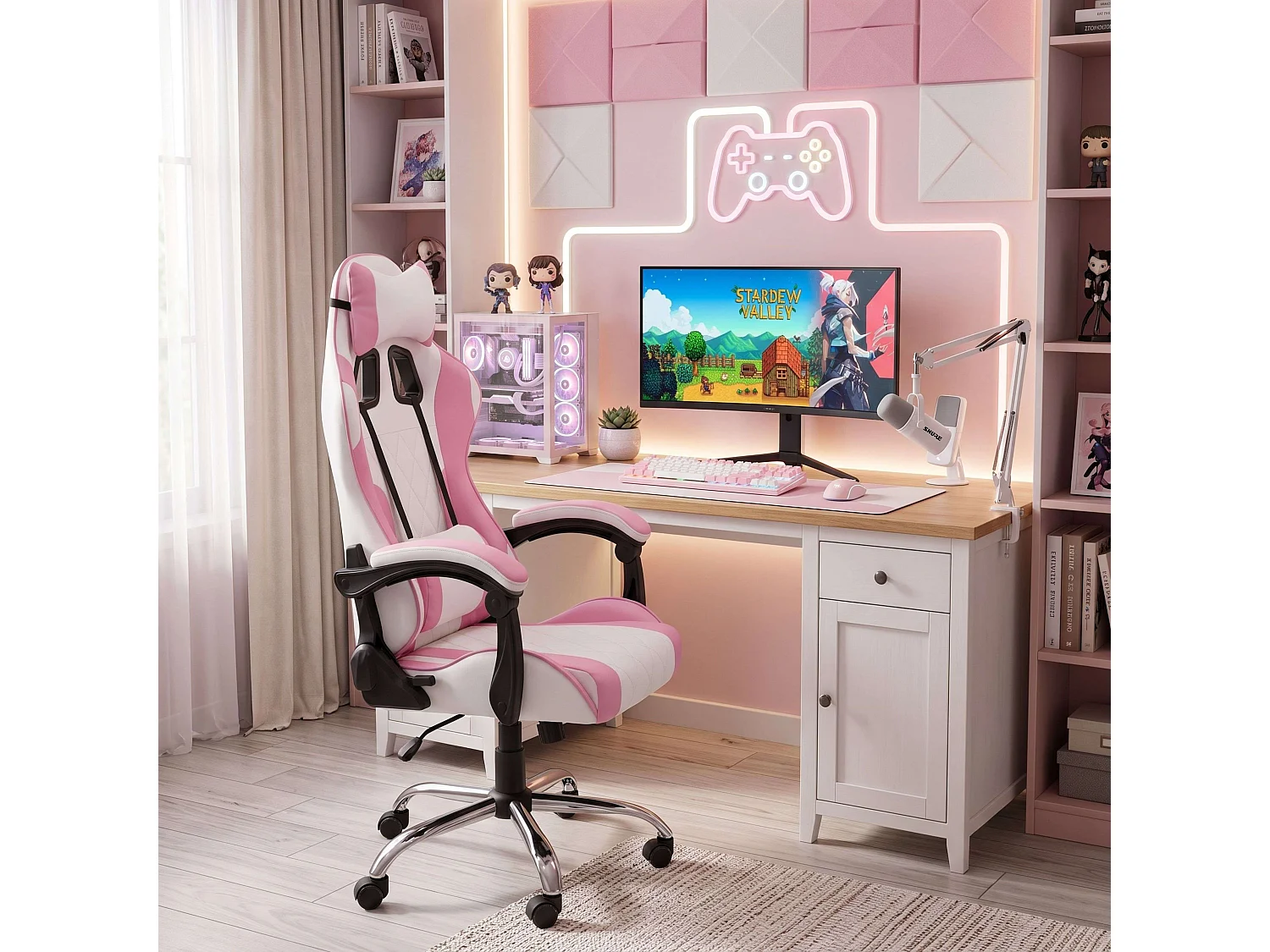 Cadeira Gamer Legend Rosa e Branca com Almofada Lombar Reclinável