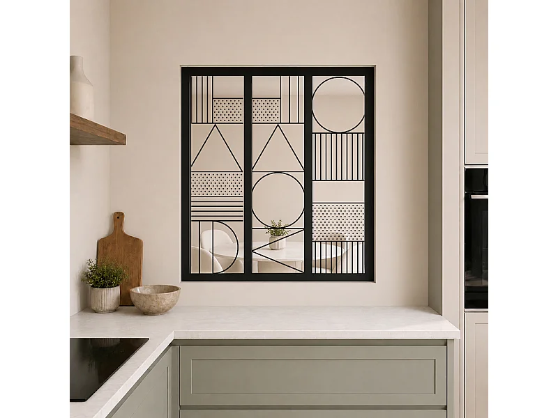 Verrière atelier intérieure aluminium noir 3 vitrages 102 x 117 cm - Décor géométrique - Geometric - noir et transparent - Verre trempé