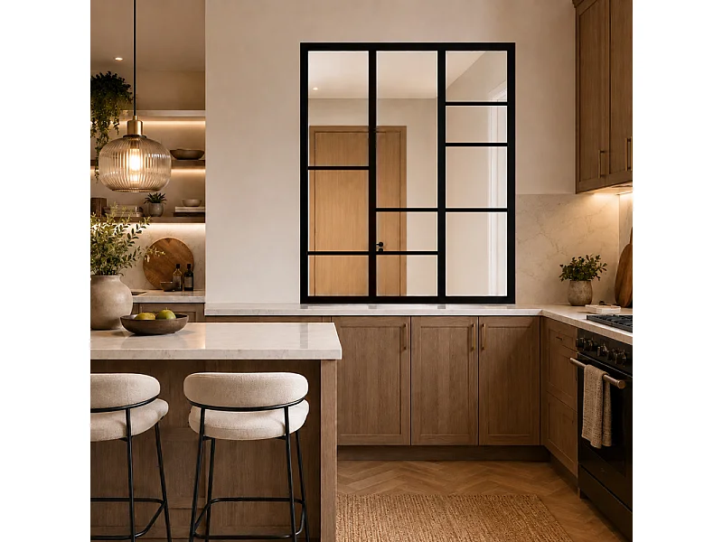 Verrière atelier intérieure aluminium noir 3 vitrages 102 x 117 cm - Décor géométrique - Horizon - noir et transparent - Verre trempé