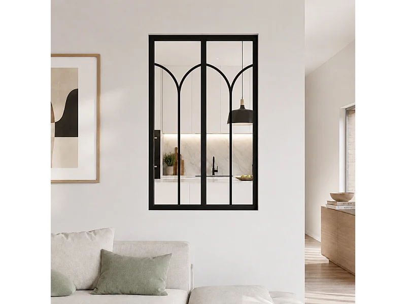 Verrière atelier intérieure aluminium noir 2 vitrages 69 x 117 cm - Décor art déco - Arcade - noir et transparent - Verre trempé