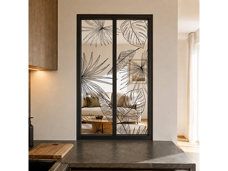 Verrière atelier intérieure aluminium noir 2 vitrages 69 x 117 cm - Décor végétal - Lamnar Noir - noir et transparent - Verre trempé