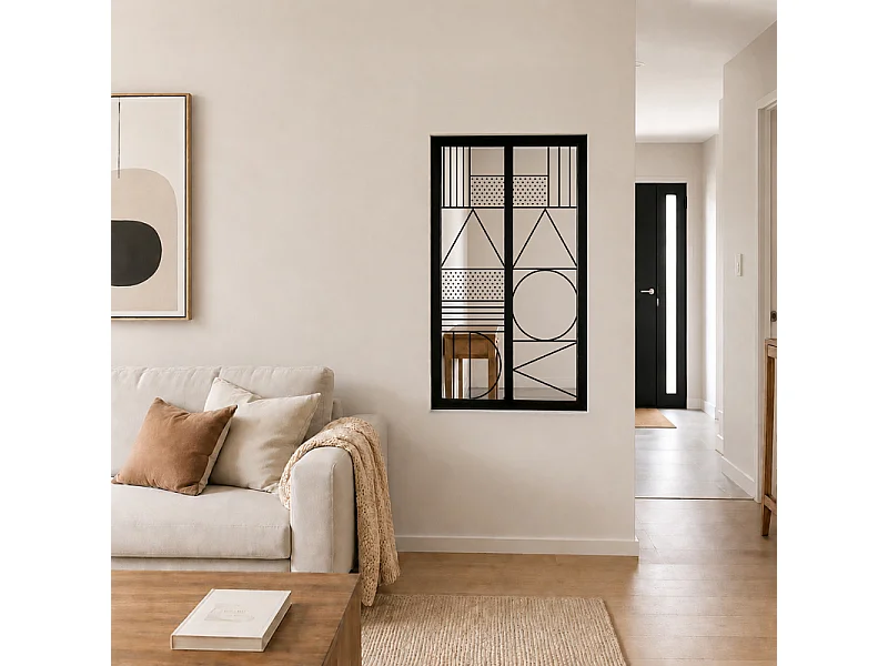 Verrière atelier intérieure aluminium noir 2 vitrages 69 x 117 cm - Décor géométrique - Geometric - noir et transparent - Verre trempé