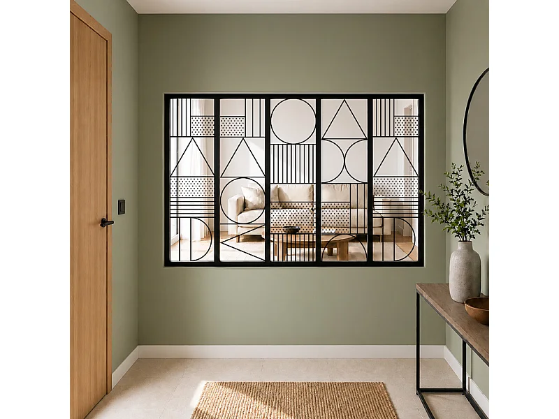 Verrière atelier intérieure aluminium noir 5 vitrages 168 x 117 cm - Décor géométrique - Geometric - noir et transparent - Verre trempé
