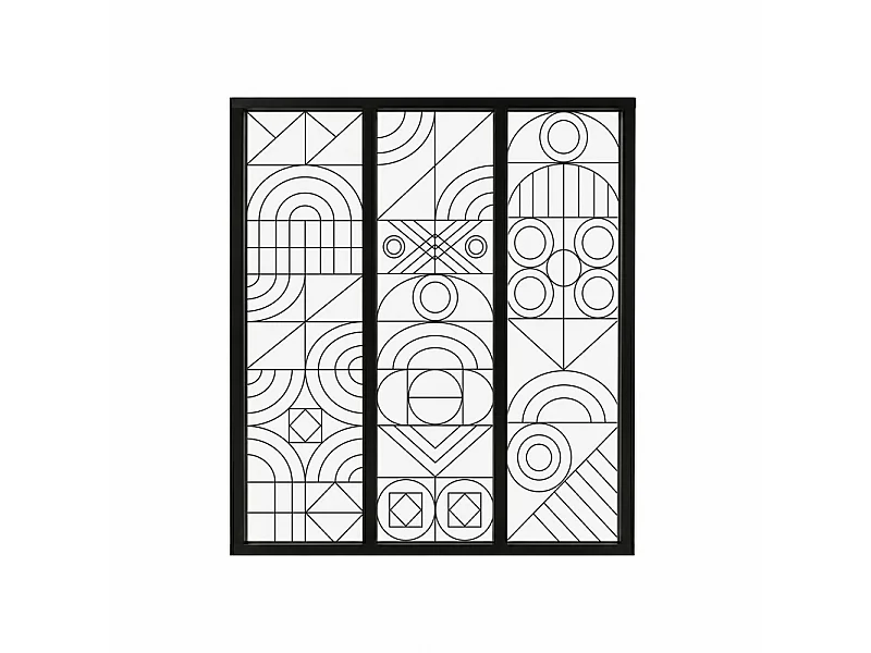 Verrière atelier intérieure aluminium noir 3 vitrages 102 x 117 cm - Décor géométrique - Kaléido - noir et transparent - Verre trempé