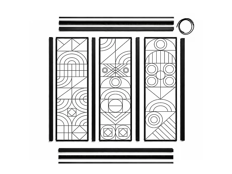 Verrière atelier intérieure aluminium noir 3 vitrages 102 x 117 cm - Décor géométrique - Kaléido - noir et transparent - Verre trempé