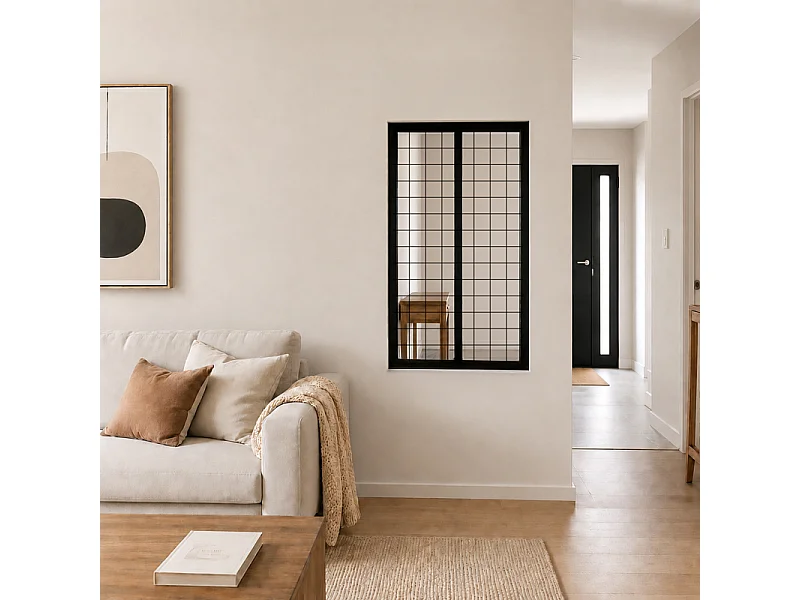 Verrière atelier intérieure aluminium noir 2 vitrages 69 x 117 cm - Décor géométrique - Damier - noir et transparent - Verre trempé
