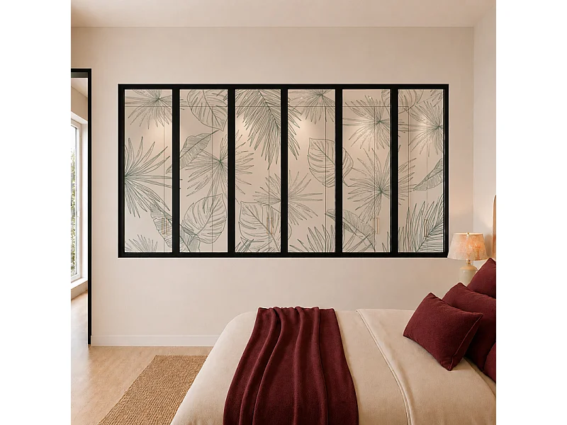 Verrière atelier intérieure aluminium noir 6 vitrages 201 x 117 cm - Décor végétal - Lamnar Vert - vert et transparent - Verre trempé
