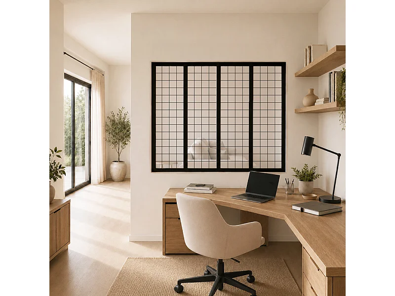Verrière atelier intérieure aluminium noir 4 vitrages 135 x 117 cm - Décor géométrique - Damier - noir et transparent - Verre trempé