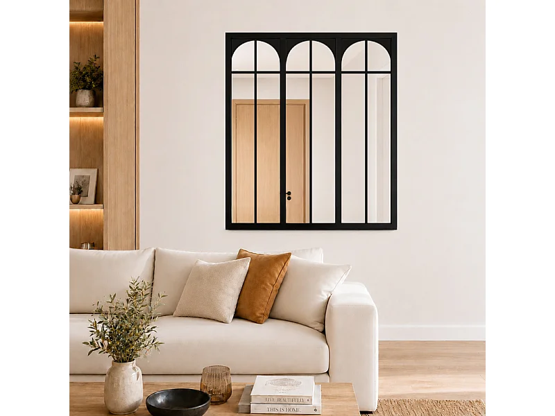 Verrière atelier intérieure aluminium noir 3 vitrages 102 x 117 cm - Décor art déco - Empire - noir et transparent - Verre trempé