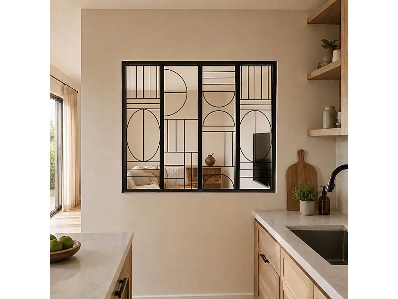 Verrière atelier intérieure aluminium noir 4 vitrages 135 x 117 cm - Décor art déco - Ovaline - noir et transparent - Verre trempé