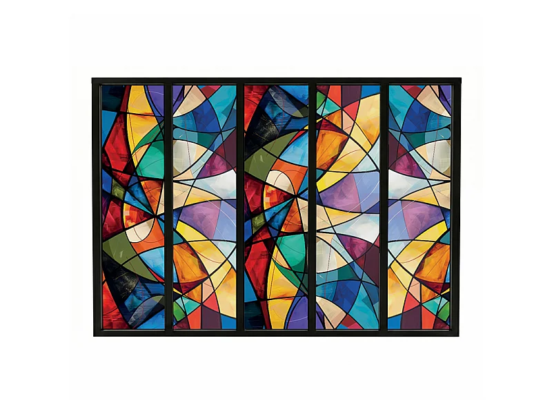 Verrière atelier intérieure aluminium noir 5 vitrages 168 x 117 cm - Décor géométrique - Virtuoso - multicolore et transparent - Verre trempé