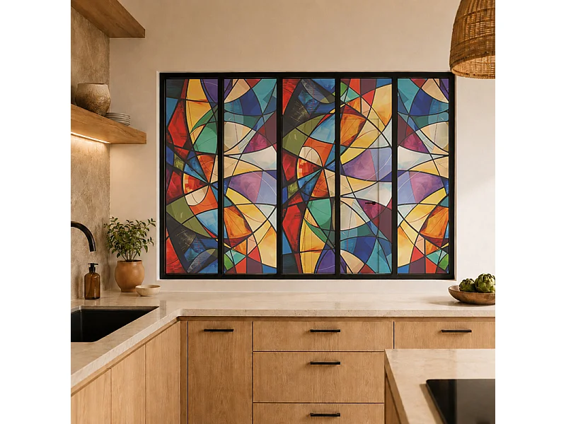 Verrière atelier intérieure aluminium noir 5 vitrages 168 x 117 cm - Décor géométrique - Virtuoso - multicolore et transparent - Verre trempé
