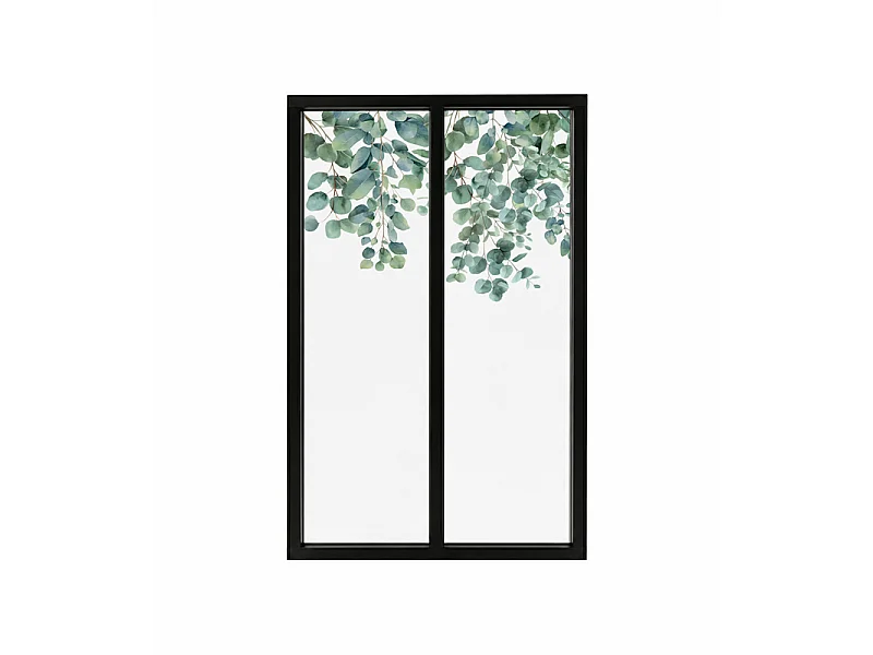 Verrière atelier intérieure aluminium noir 2 vitrages 69 x 117 cm - Décor végétal - Eucalyptus in Rain - vert et transparent - Verre trempé