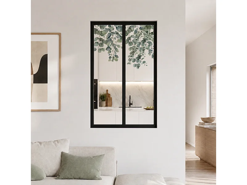 Verrière atelier intérieure aluminium noir 2 vitrages 69 x 117 cm - Décor végétal - Eucalyptus in Rain - vert et transparent - Verre trempé