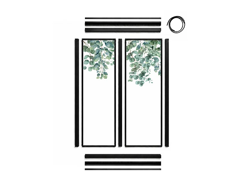 Verrière atelier intérieure aluminium noir 2 vitrages 69 x 117 cm - Décor végétal - Eucalyptus in Rain - vert et transparent - Verre trempé