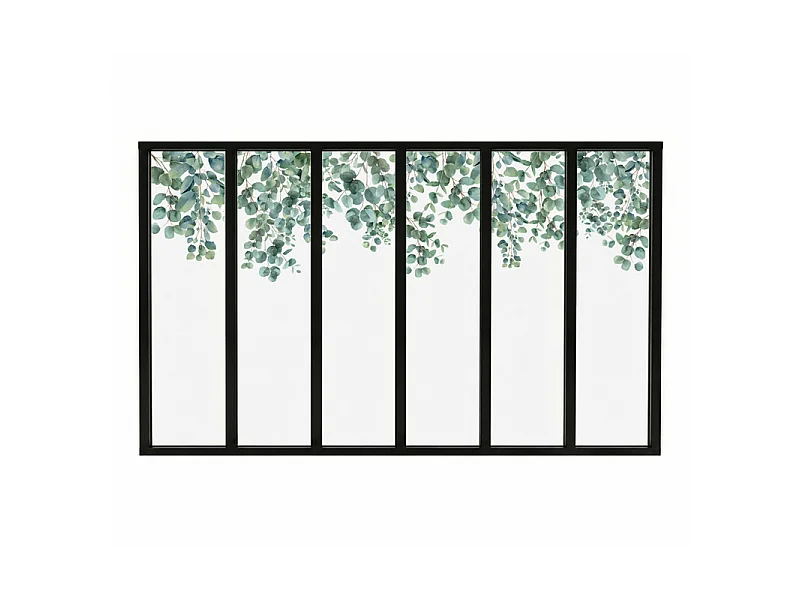 Verrière atelier intérieure aluminium noir 6 vitrages 201 x 117 cm - Décor végétal - Eucalyptus in Rain - vert et transparent - Verre trempé