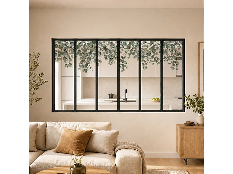 Verrière atelier intérieure aluminium noir 6 vitrages 201 x 117 cm - Décor végétal - Eucalyptus in Rain - vert et transparent - Verre trempé