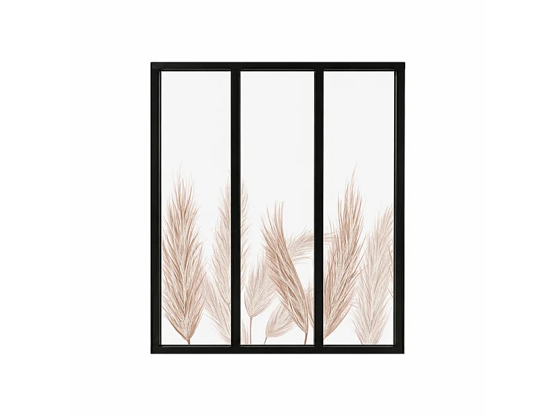 Verrière atelier intérieure aluminium noir 3 vitrages 102 x 117 cm - Décor végétal - Pampa - ocre et transparent - Verre trempé