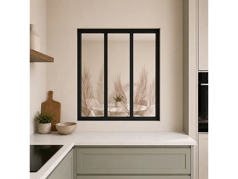 Verrière atelier intérieure aluminium noir 3 vitrages 102 x 117 cm - Décor végétal - Pampa - ocre et transparent - Verre trempé