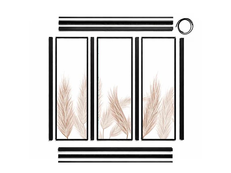 Verrière atelier intérieure aluminium noir 3 vitrages 102 x 117 cm - Décor végétal - Pampa - ocre et transparent - Verre trempé