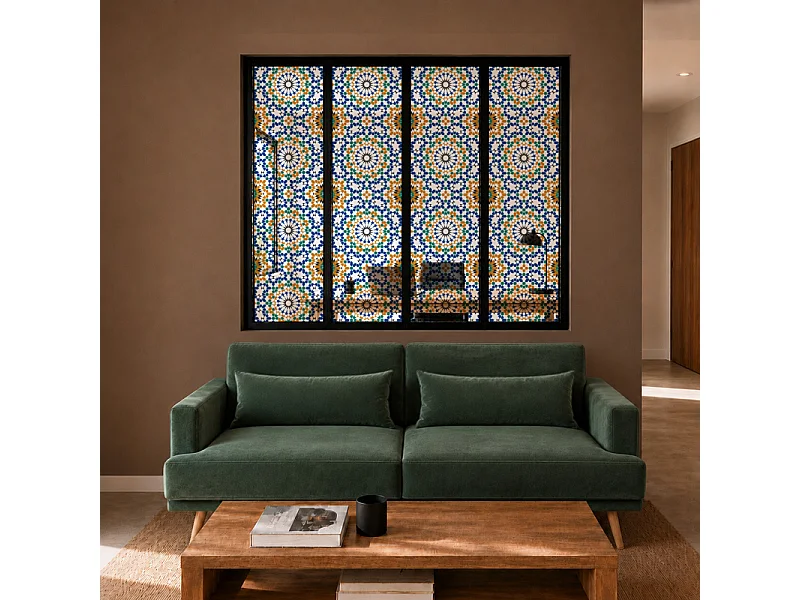 Verrière atelier intérieure aluminium noir 4 vitrages 135 x 117 cm - Décor oriental - Zeljane - bleu et multicolore et transparent - Verre trempé