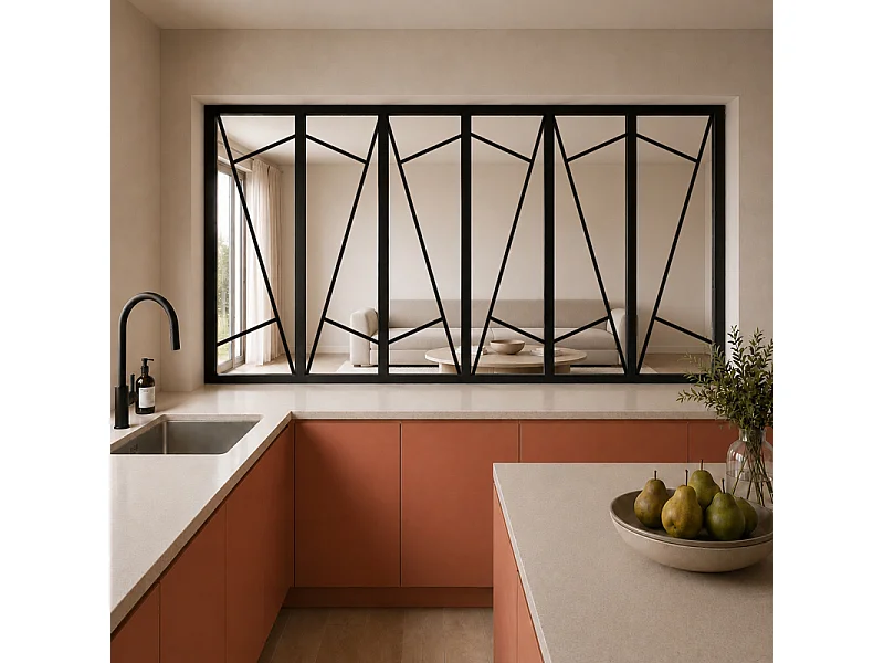 Verrière atelier intérieure aluminium noir 6 vitrages 201 x 117 cm - Décor art déco - Prisme - noir et transparent - Verre trempé