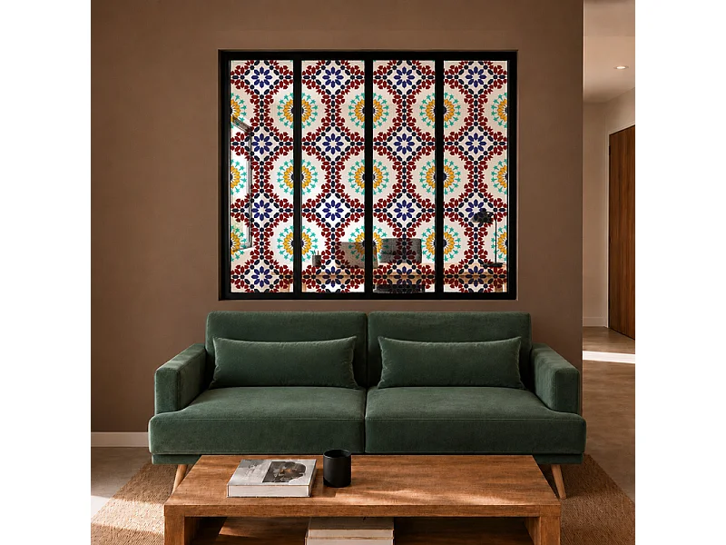 Verrière atelier intérieure aluminium noir 4 vitrages 135 x 117 cm - Décor oriental - Taljane - bleu et multicolore et transparent - Verre trempé