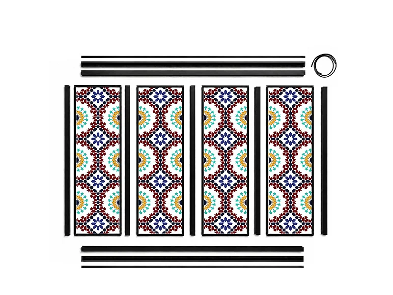 Verrière atelier intérieure aluminium noir 4 vitrages 135 x 117 cm - Décor oriental - Taljane - bleu et multicolore et transparent - Verre trempé