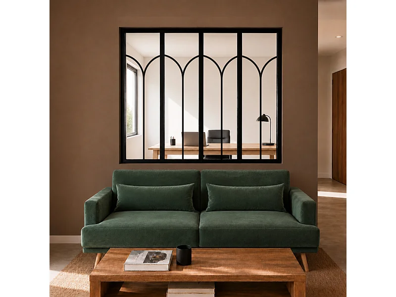 Verrière atelier intérieure aluminium noir 4 vitrages 135 x 117 cm - Décor art déco - Arcade - noir et transparent - Verre trempé