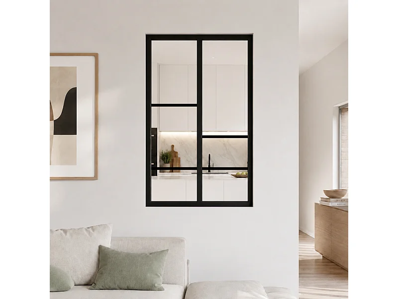 Verrière atelier intérieure aluminium noir 2 vitrages 69 x 117 cm - Décor géométrique - Horizon - noir et transparent - Verre trempé