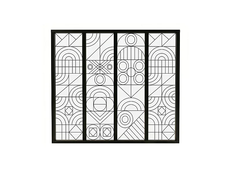 Verrière atelier intérieure aluminium noir 4 vitrages 135 x 117 cm - Décor géométrique - Kaléido - noir et transparent - Verre trempé