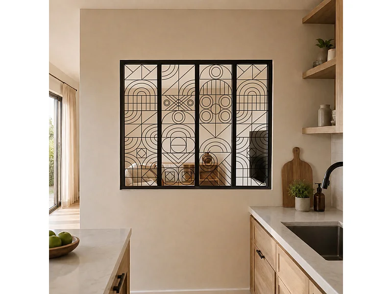 Verrière atelier intérieure aluminium noir 4 vitrages 135 x 117 cm - Décor géométrique - Kaléido - noir et transparent - Verre trempé