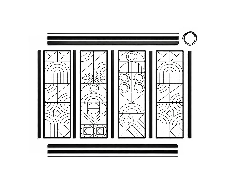 Verrière atelier intérieure aluminium noir 4 vitrages 135 x 117 cm - Décor géométrique - Kaléido - noir et transparent - Verre trempé