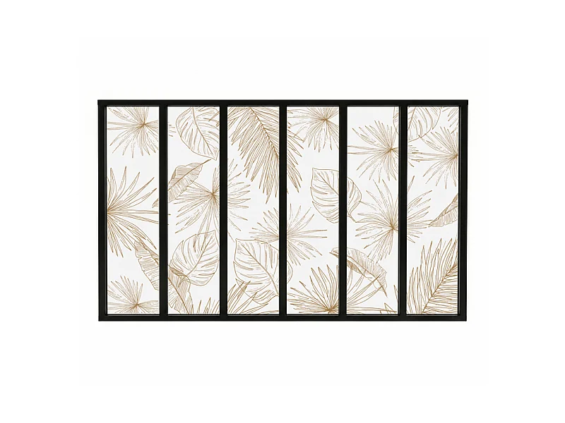 Verrière atelier intérieure aluminium noir 6 vitrages 201 x 117 cm - Décor végétal - Lamnar Kola - ocre et transparent - Verre trempé
