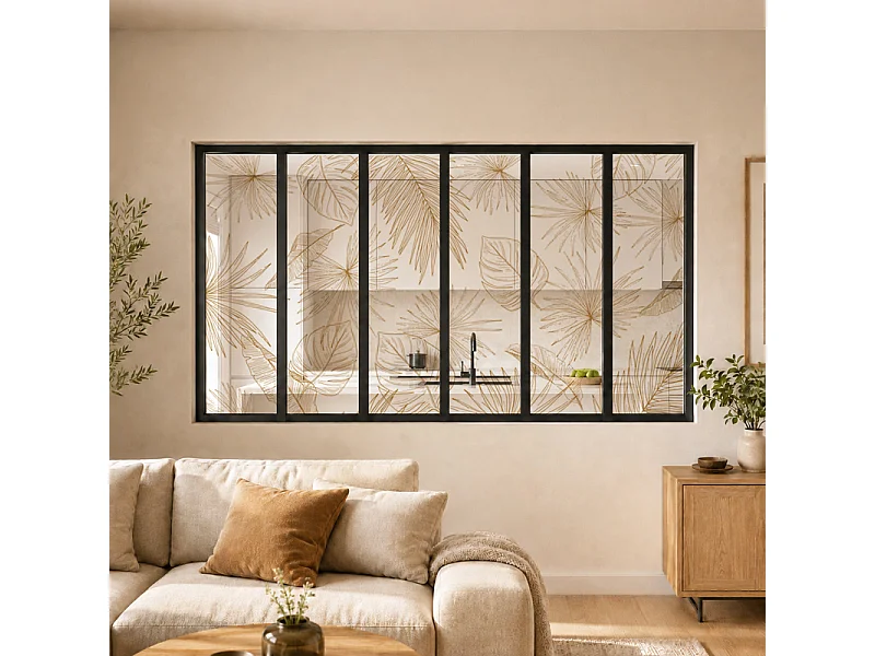Verrière atelier intérieure aluminium noir 6 vitrages 201 x 117 cm - Décor végétal - Lamnar Kola - ocre et transparent - Verre trempé