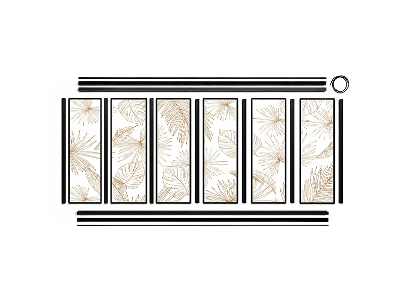 Verrière atelier intérieure aluminium noir 6 vitrages 201 x 117 cm - Décor végétal - Lamnar Kola - ocre et transparent - Verre trempé